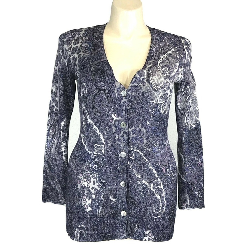 Chicos Cardigan 1 US S Gray Purple Metallic Paisley Floral Knit Long Sl Sweater